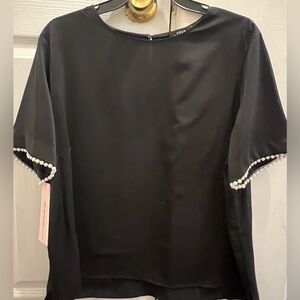 Aqua Elegant Black Top with Pearl Accents